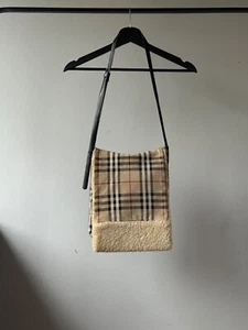 Burberry Nova Check Suede Leather Shearling Open Flap Crossbody Shoulder Bag - Picture 1 of 22