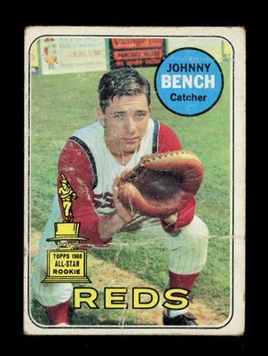 1969 年 Topps #95 Johnny Bench 辛辛那提红人队卡名人堂公关皱褶 (65900) — 第 1/2 张图片