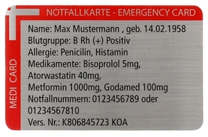 Personalisierte Notfallkarte Gravur für Brieftasche Erste Hilfe Wunschgravur - Bild 1 von 8