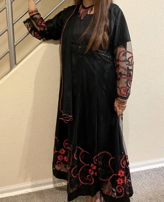 Black Red Maxi Gown Pakistani/Indian Wedding Partywear Small Net Embroidered - Image 1 of 3