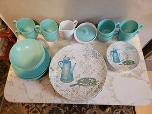 Vintage Texas Ware Melmac 39 pezzi Teal Atomic/caffettiera. Melamina anni 50 60. pvc - Foto 1 di 8