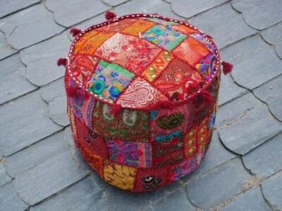 Indian Red Round Pouffe Cover Vintage Cotton Footstool Ottoman Patchwork Pouf AU - Image 1 of 4