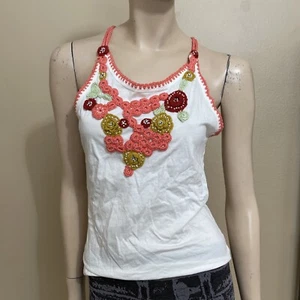 Women’s White Cotton Casual Opened Knitted Flower Tie Beaded Size L Top Blouse - Picture 1 of 12