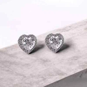 White gold finish Created diamond heart cut 8mm earrings Free Postage & Gift Box - Picture 1 of 6