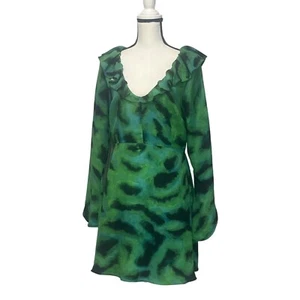 Topshop animal ruffle neck tea dress in green, US 8 - Picture 1 of 14