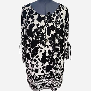 Susan Graver Floral Print Tunic Top Sz XL Black White 3/4 Tie Sleeve Casual - Picture 1 of 13