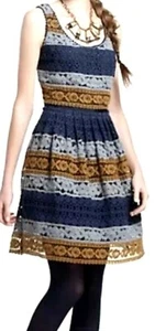Anthropologie Maeve Blue Striated Crochet Lace Fit & Flare Dress Sz 0 $228 - Picture 1 of 12