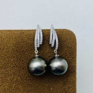 Encantadores Pendientes de Perlas Redondas Negras Tahití Auténticos AAA++11-12MM Años 925 - Imagen 1 de 4