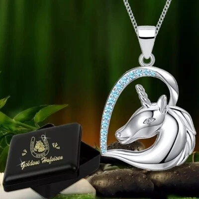 Herz Einhorn Anhänger Halskette 925 Sterling Silber Pferdekette Tierkette Kette - Bild 1 von 2