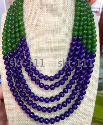 Collar de 5 filas de cuentas redondas de jade de cuarcita nefrita púrpura verde natural 8 mm Foto 1 de 4