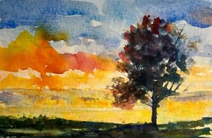 Chris Iskiw 4x6 Original Art Watercolor Painting Contemporary, sunrise- Matted - Picture 1 of 7