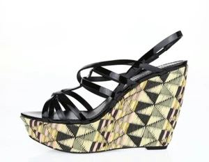 Vera Wang Womens Black Multi Color Patent Leather Strappy Wedge Sandals Size 10 - Picture 1 of 7