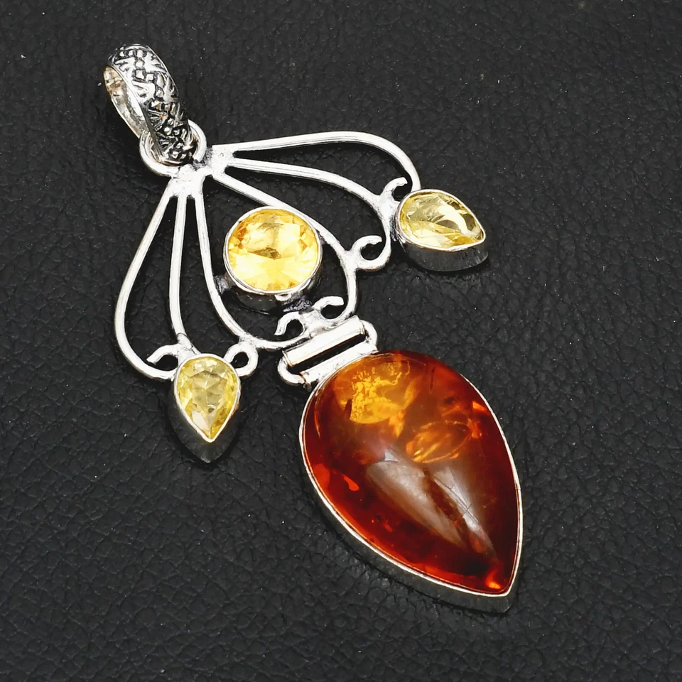 Colgante de piedras preciosas ámbar citrino hecho a mano joyería regalo para año nuevo 2,96" AP-45889 Foto 1 de 1