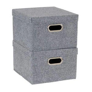 Collapsible Cotton Blend Storage Box with Lid and Metal Grommet Handle, Set o... - Picture 1 of 4