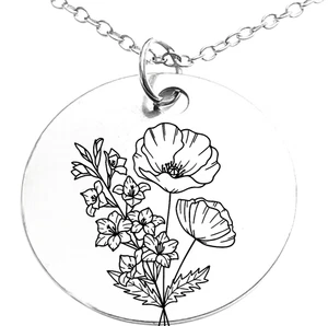 COLLIER GRAVÉ AU LASER COQUELICOT FLEUR GLAÏEUL MOIS DE NAISSANCE FLEUR AOÛT - Photo 1/2