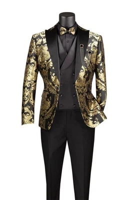 Vinci Men's Modern Fit 3-Piece Suit with Matching Bowtie Black Gold - Image 1 of 3