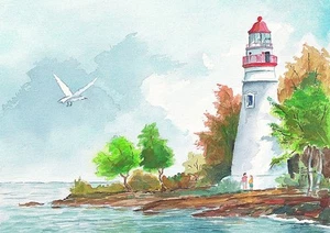 Faro de Marblehead. Lago Erie, Ohio. Jim Daviner Acuarela Impresiones de Arte - Imagen 1 de 1