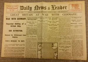 1914 World War I Outbreak Newspaper Vintage  II Daily News & Leader Retro Great - Picture 1 of 13