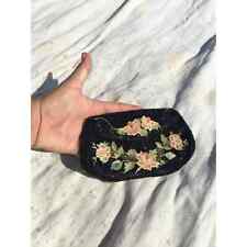 Vintage black beaded purse belt bag floral embroidered 7.5” made in France pink