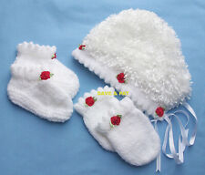 HANDMADE KNITTED BABY HAT MITTS & BOOTEES SET WITH RED ROSES DECORATION IN VGC