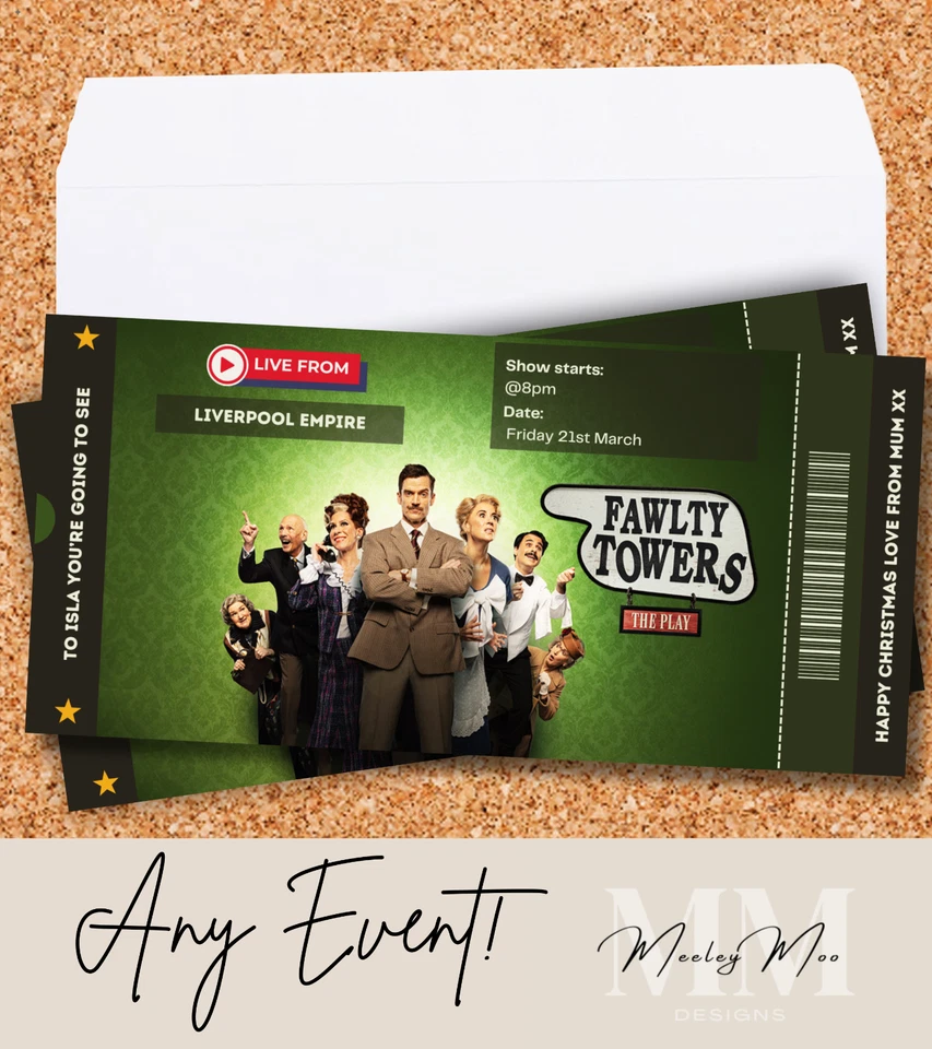 NEWHOUSE LABELS FAWLTY Musical Theatre Gift Personalise Ticket Surprise Christmas Event Voucher