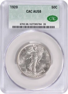 Medio dólar de plata Walking Liberty 1920 AU58 CACG - Imagen 1 de 4