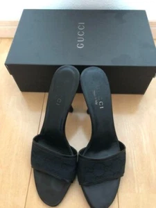 GUCCI Mules Sandals Pencil Heel GG Canvas Black Size 36 With Box - Picture 1 of 12
