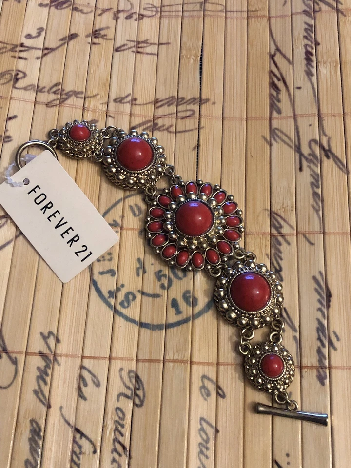 PULSERA FOREVER 21 FUSIA ROSA ROJO MUJER SEÑORA BONITA FLOR FLORAL DORADA F21 Foto 1 de 4