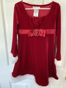 Red Bonnie Jean Santa Holiday Velvet Christmas Dress Girls Size 6 Fur Cuffs - Picture 1 of 4
