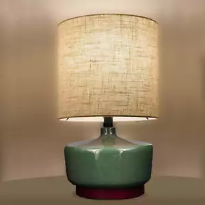 17" Tall Modern Ceramic Table Lamp with Wood Base Fabric Shade Bedroom Office - Picture 1 of 9