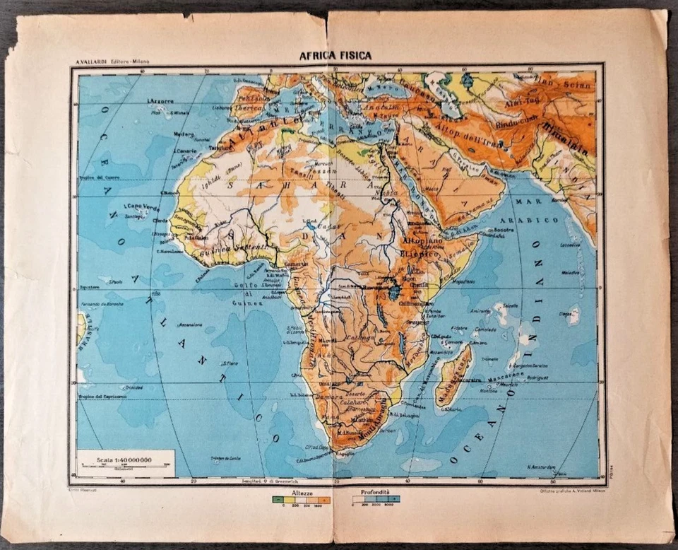 VTG 1900s Africa Fisica Geographical Map Italian Orig 15" x 12" C29-9 - Image 1 of 4