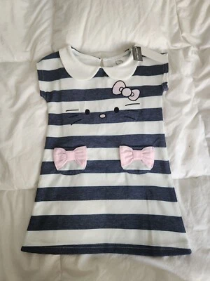 Sanrio Hello Kitty Striped Dress Embroidered Bow Pockets Collared Girls Size 2T - Image 1 of 4