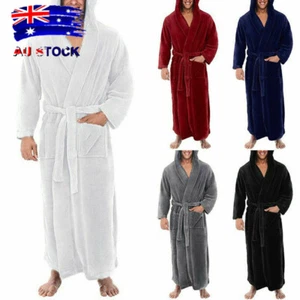 Men's Winter Warm Fleece Long Dressing Gown Bathrobe Hoodie Hooded Bath Robe AU - Picture 1 of 14