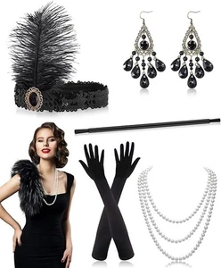 Gatsby 20er Jahre Damen Kostüm Set mit Flapper Kleid & Accessoires - Bild 1 von 6