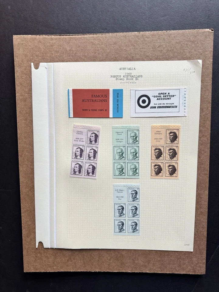 Australia 1968 Booklet Panes on Exhibit Page (SB44) +Famous Australians #432-35 - image 1 of 1