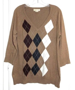 MICHAEL KORS VINTAGE BROWN COTTON ARGYLE V-NECK SWEATER Size L - Picture 1 of 4