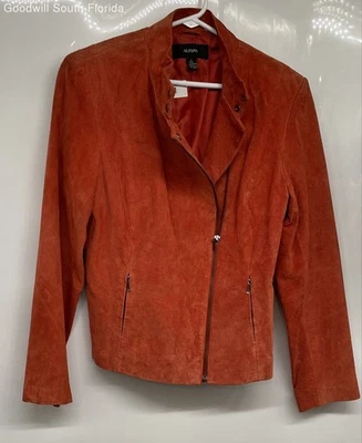 Chaqueta de moto Alfani para mujer de cuero naranja manga larga cremallera asimétrica talla L Foto 1 de 4