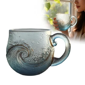 1/2PcsHandblown Sea Glass Wave Mug 12 oz Unique Glass Drinkware with Beach Theme - Picture 1 of 14