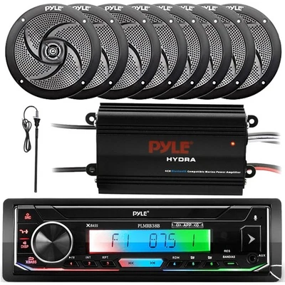 Pyle Marine Bluetooth MP3 Radio, 8x 5.25" Marine Speaker, Antenna, 4-Channel Amp - Image 1 of 4