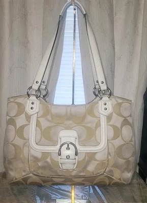 COACH CAMPBELL SIGNATURE BEIGE CANVAS & WHITE LEATHER SATCHEL TOTE F25294 -READ - Image 1 of 4