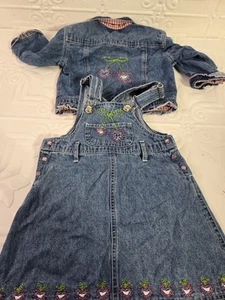 VTG G-Baby Girls Jean Denim Overalls-Style Dress & Coat Cherry's Buckles Sz 18m - Picture 1 of 10