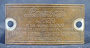 Vintage Messing Metall Ausweis Abzeichen "Lawson Manufacturing Co" Heiztank Pittsburgh - Bild 1 von 4