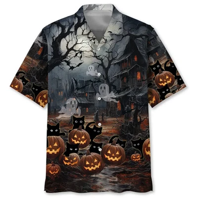 "Camisa havaiana Halloween gato preto abóbora fantasma assustador unissex" - Imagem 1 de 4