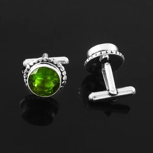 925 Sterling Silver Rose Cut Green Peridot Gemstone Handmade Jewelry Cufflinks - Picture 1 of 3