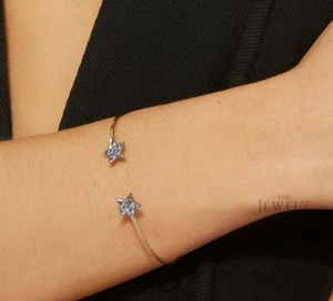 14K Gold 0.25 CT Blue Sapphire Gemstone Star Cuff Bangle Bracelet- The Jewelz - Picture 1 of 5
