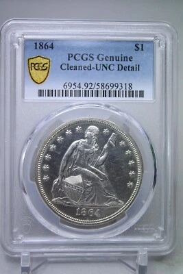 1864 $1 Silver Seated Liberty Dollar PCGS UNC Detail Cleaned Civil War Era #9318 - Image 1 of 4