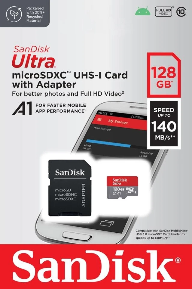 Sandisk Ultra 128GB MicroSD with SD Adapter A1 140MB/s Full HD Video New Sealed - Image 1 of 4