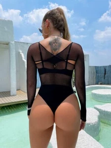 Sexy Fischnetz Body Anzug Schwarz Tanga Fit Coverup - Bild 1 von 2