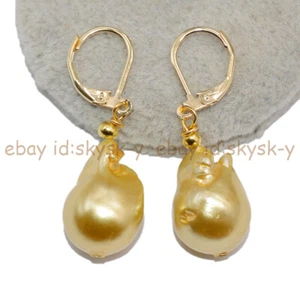 Natural Golden Yellow Keshi Baroque Pearl Dangle Leverback Earrings 13x18mm - Picture 1 of 12