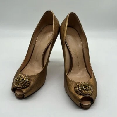 Zapatos de tacón Giuseppe Zanotti bronce dorado cuero cristal adornado talla 38 Foto 1 de 4